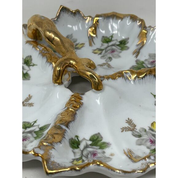 Divided Candy Nut Dish Vintage Marco Porcelain Bone China Gold Gild Rose Floral - Picture 6 of 9